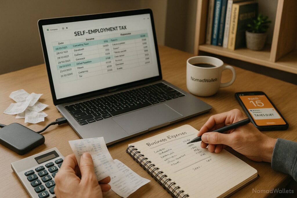 Digital nomad’s workspace showing laptop with tax software and business expense records, highlighting Schedule C self-employment income management.