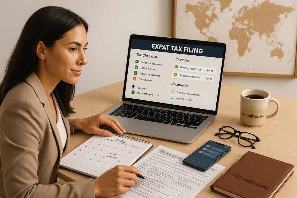 Digital nomad confidently managing expat tax tasks on a laptop with organized documents and calendar reminders, representing control and preparedness.