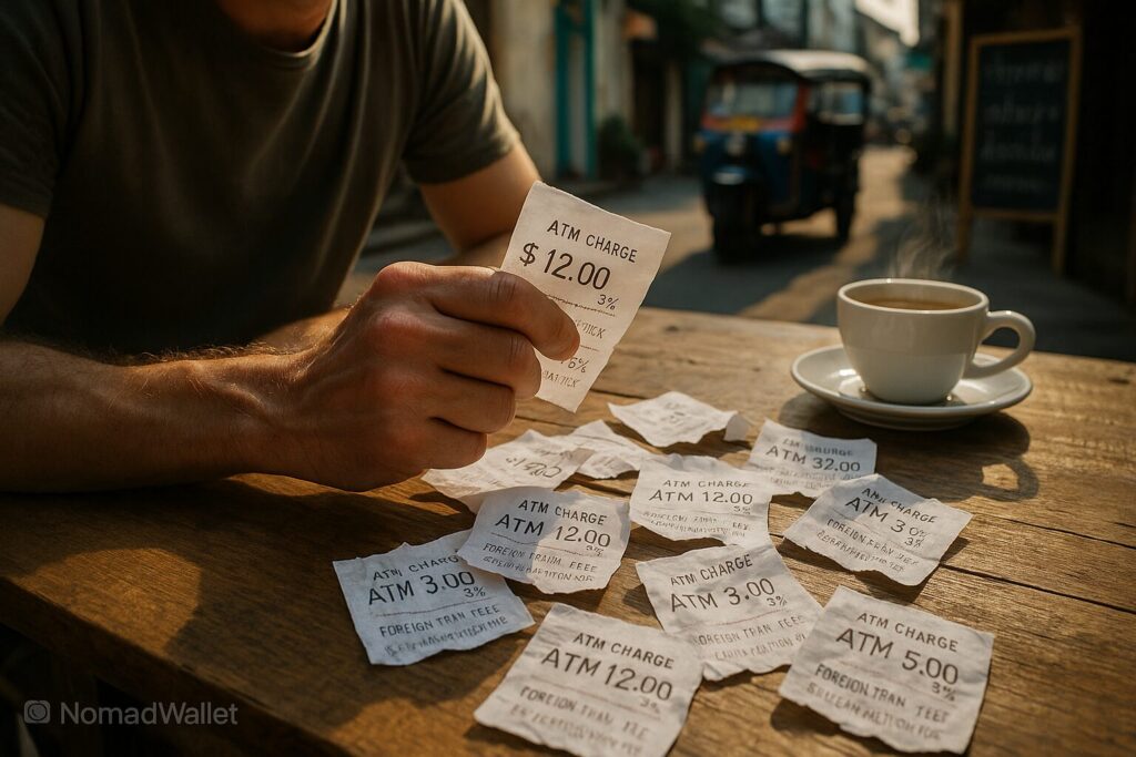 Best Bank Account for Digital Nomads 2025 6 Realistic travel scene showing frustrated nomad with ATM receipts and high banking fees at a café table, NomadWallets branding.
