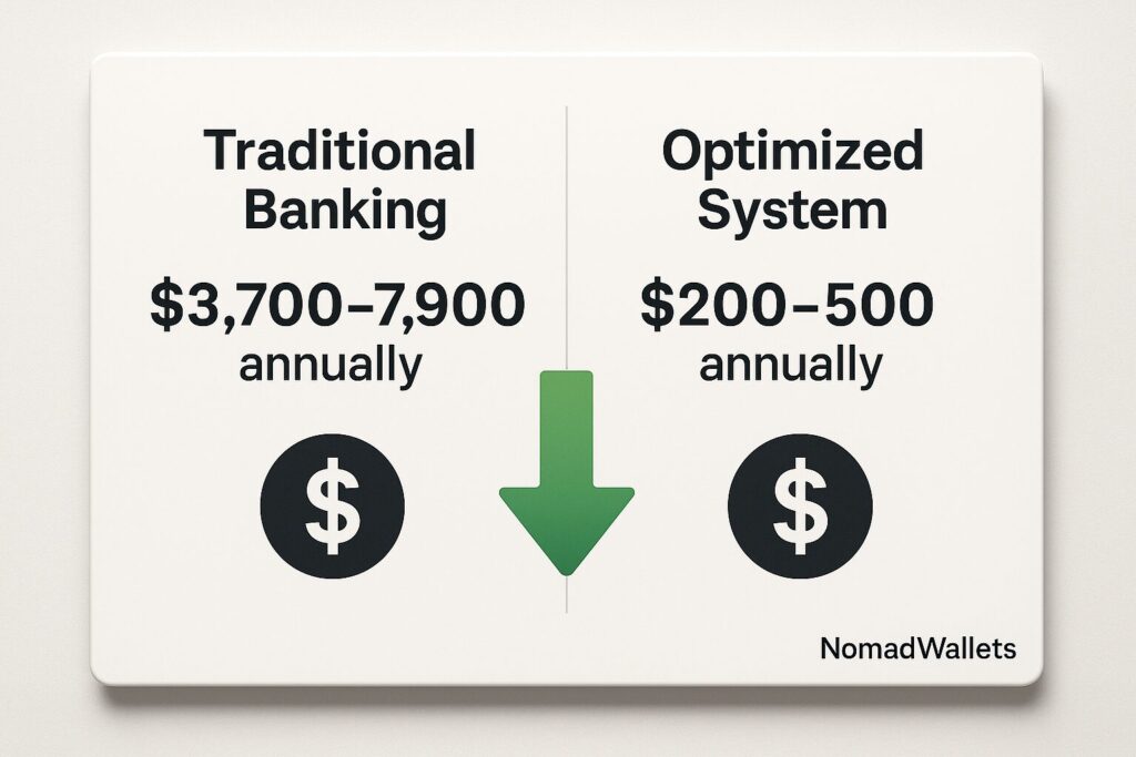 Best Bank Account for Digital Nomads 2025 12 Infographic comparing traditional banking costs vs optimized nomad system in 2029, NomadWallets branding.