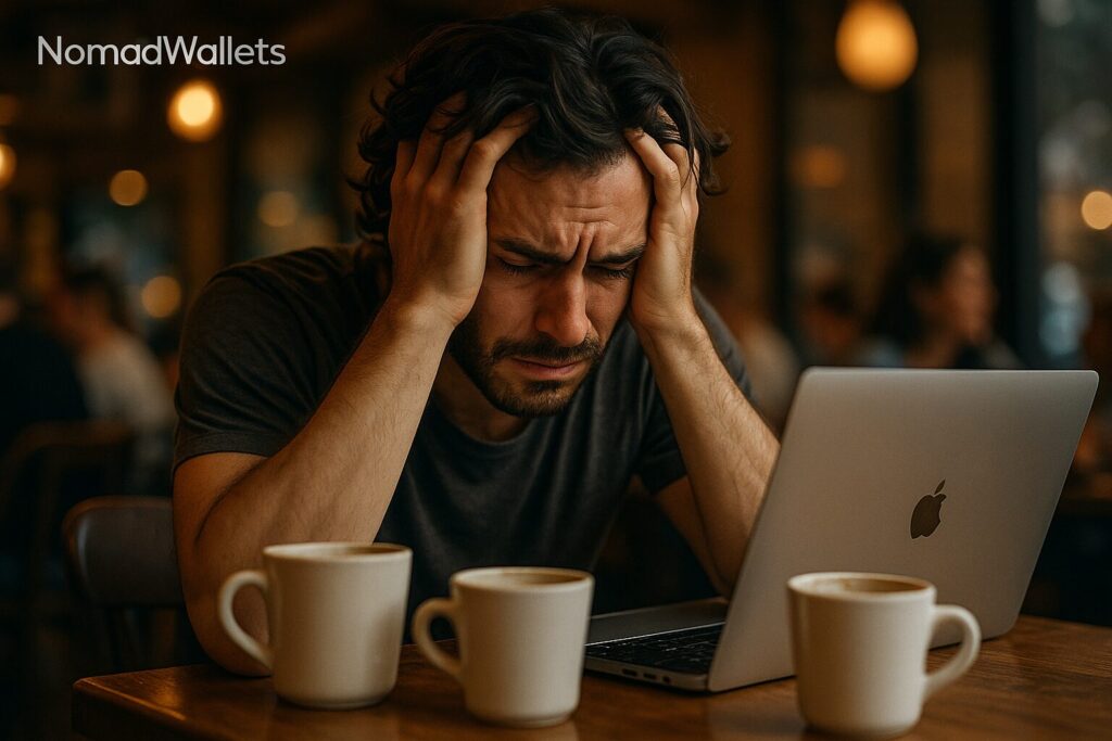 Stressed digital nomad holding head in frustration at cafe, showing mental health impact of LLC setup disasters