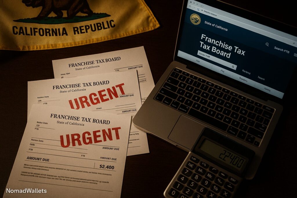 California Franchise Tax Board documents and URGENT stamps on desk showing how digital nomads become tax targets with LLC mistakes