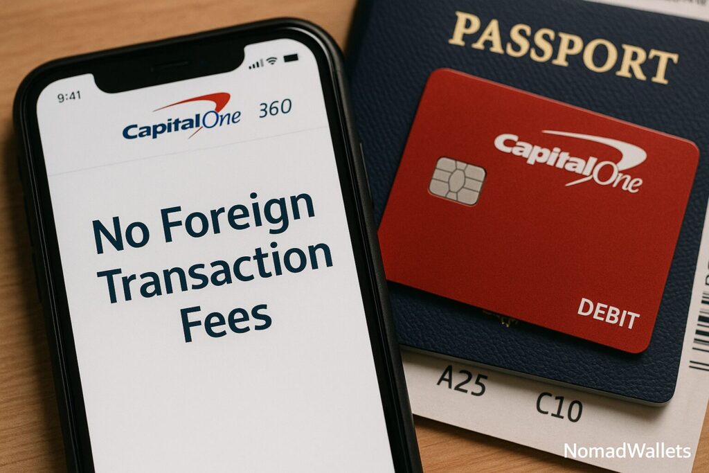 Best Bank Account for Digital Nomads 2025 10 Capital One 360 app showing no foreign transaction fees with debit card, passport, and boarding pass, NomadWallets watermark.