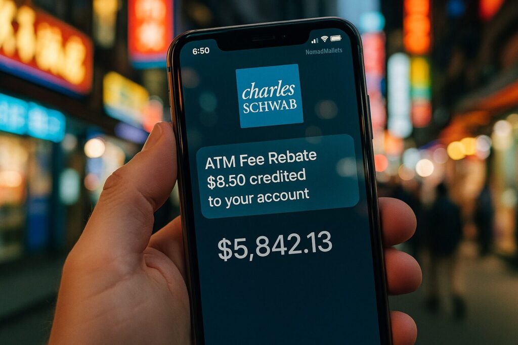 Best Bank Account for Digital Nomads 2025 7 Charles Schwab app on phone showing ATM fee rebate credited, NomadWallets branding.