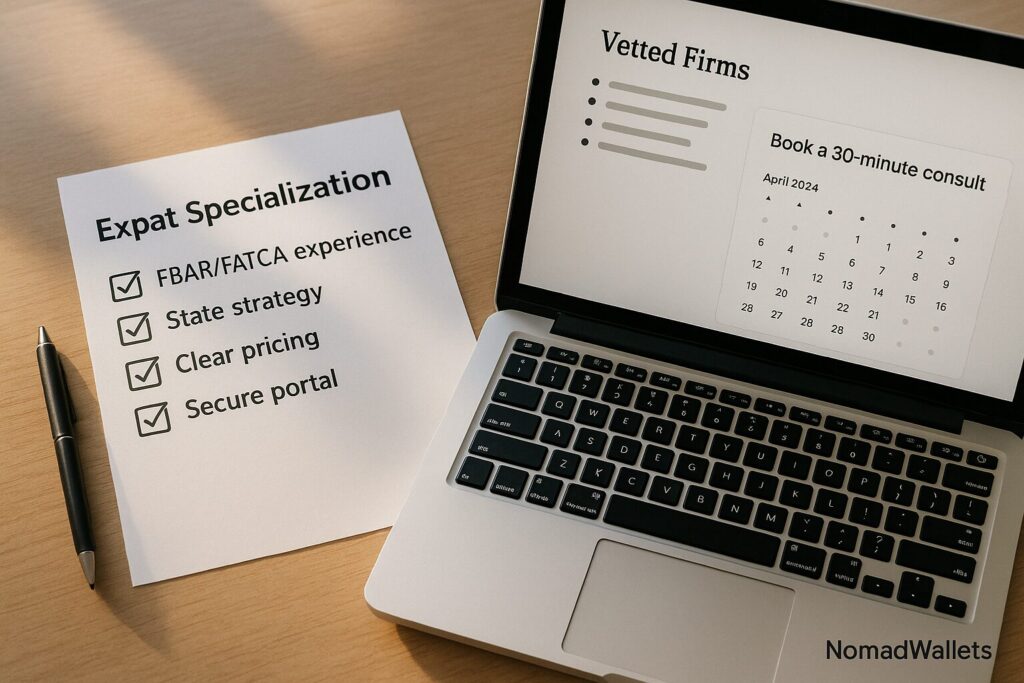 Why Hiring a Proven Digital Nomad Tax Accountant Is the Smart Move in 2025 11 Checklist for choosing a digital nomad tax accountant with consult booking screen.