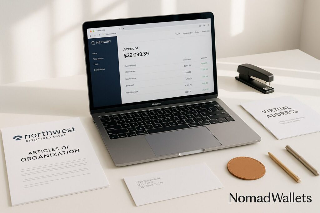 Professional workspace showing quality digital nomad LLC setup tools including registered agent services and business banking