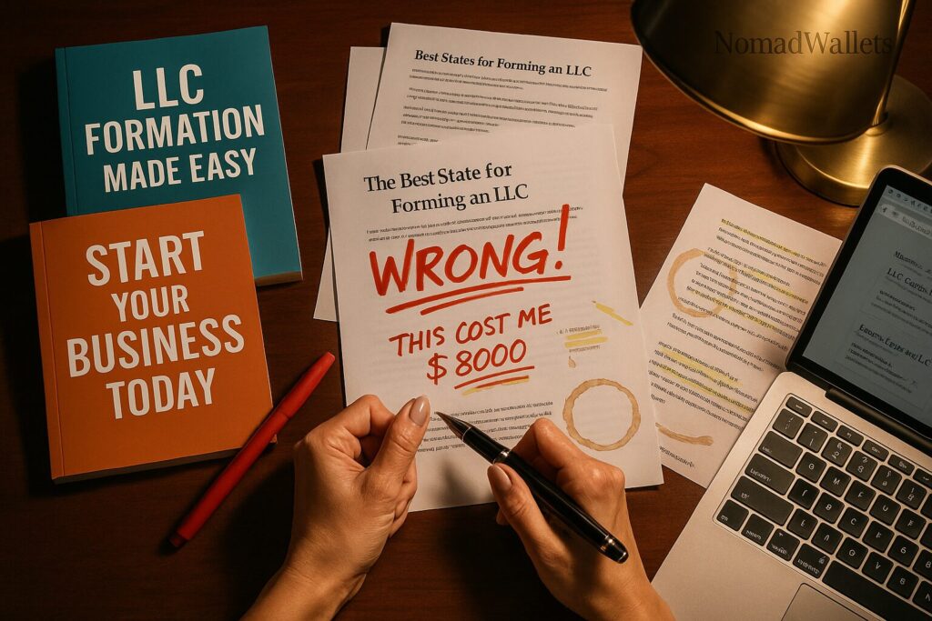 Stack of generic business guidebooks with wrong LLC advice crossed out in red ink, showing why most digital nomad LLC setup guides fail