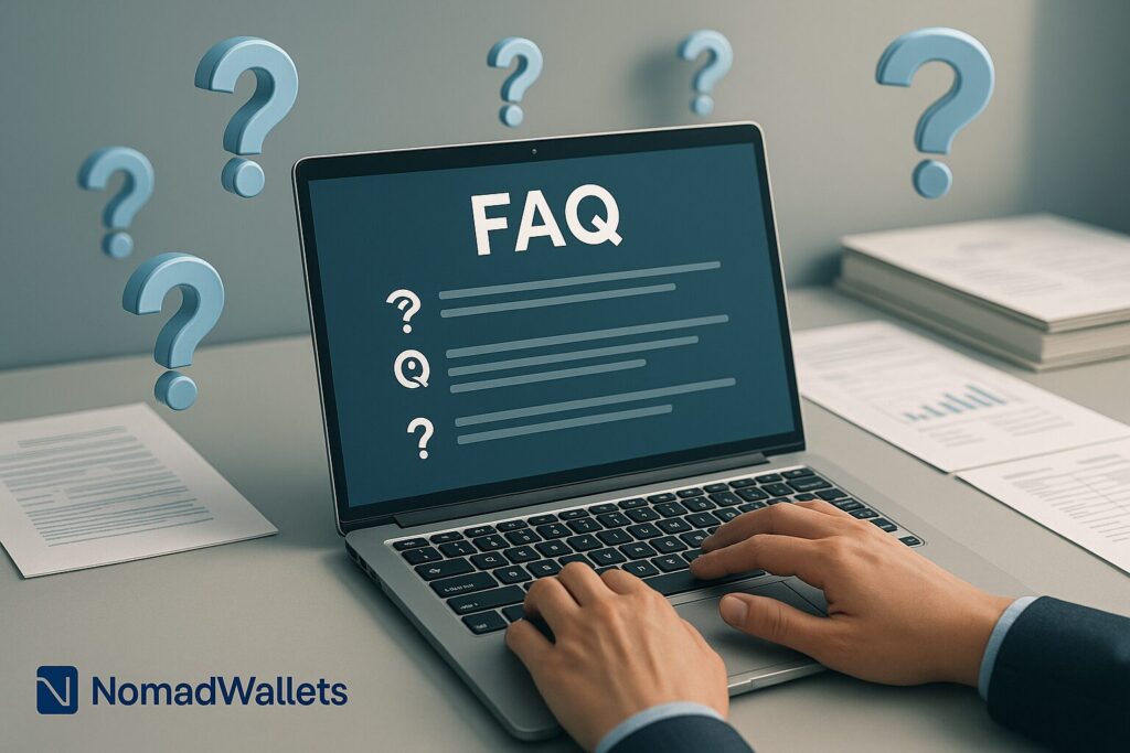 Modern help desk with FAQ interface showing digital nomad LLC setup questions and expert answers