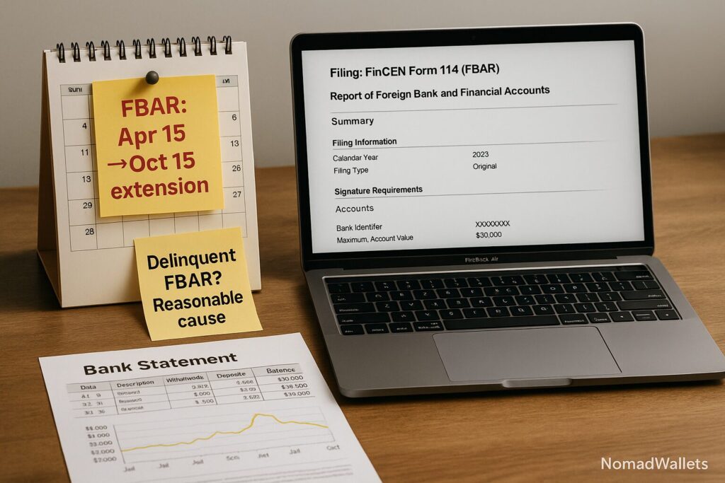 Why Hiring a Proven Digital Nomad Tax Accountant Is the Smart Move in 2025 9 FBAR e-filing screen with deadline reminder and delinquent filing note.