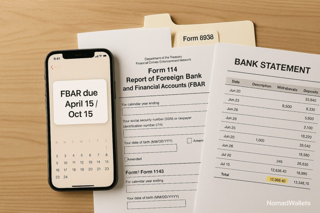 Smartphone reminder for FBAR deadline with FinCEN form and bank balance highlight.