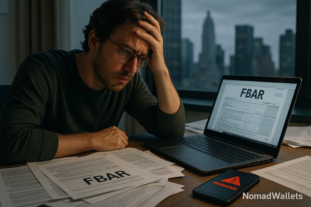 Realistic office scene of a stressed freelancer facing FBAR financial forms, with NomadWallets logo in the corner.