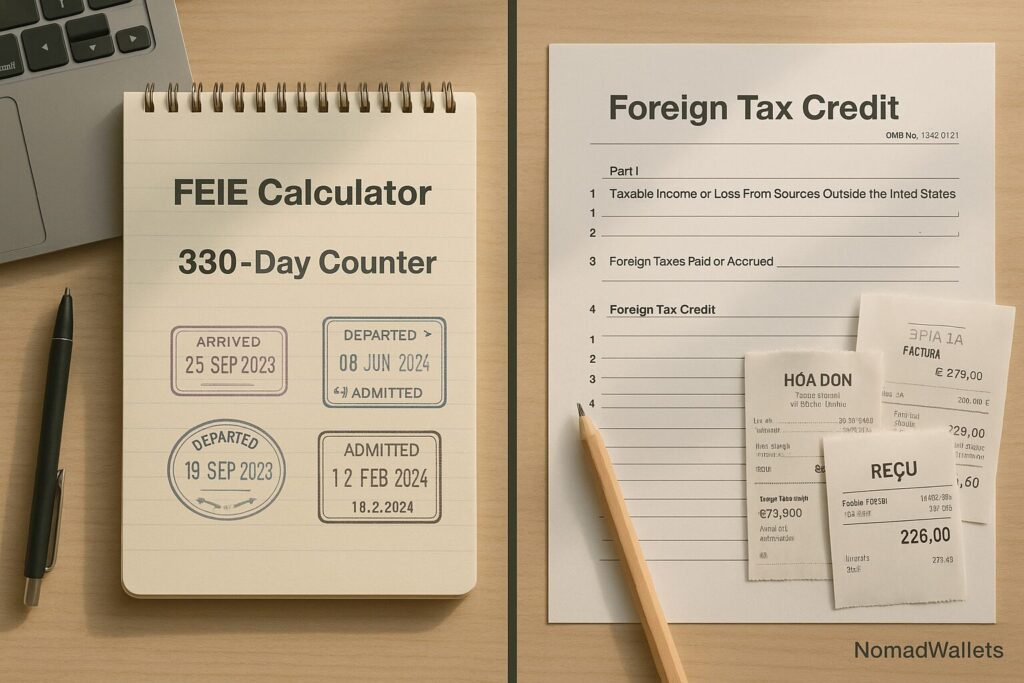Split view comparing FEIE day-count and Foreign Tax Credit with