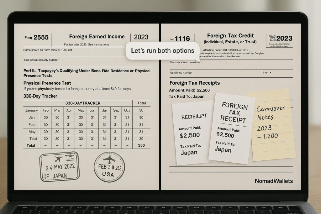 Why Hiring a Proven Digital Nomad Tax Accountant Is the Smart Move in 2025 6 Side-by-side view of FEIE and Foreign Tax Credit modeling during a tax consult.