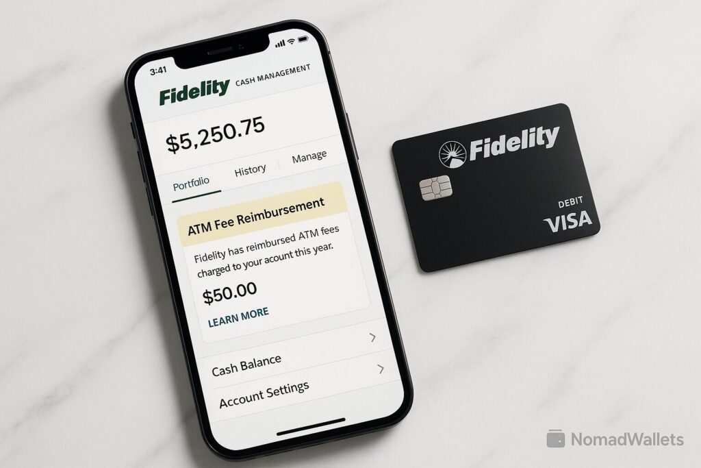 Best Bank Account for Digital Nomads 2025 9 Fidelity Cash Management app open on smartphone beside debit card on marble surface, NomadWallets branding.