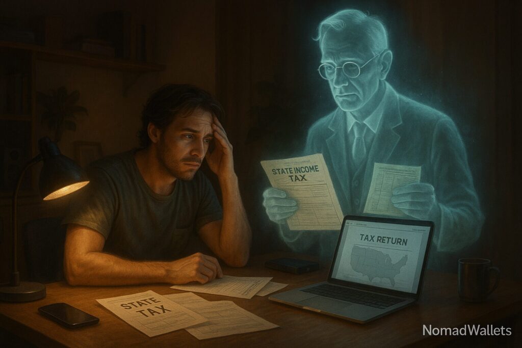 Realistic home office scene with a digital nomad and a ghostly figure representing past state taxes, with NomadWallets logo in the corner.