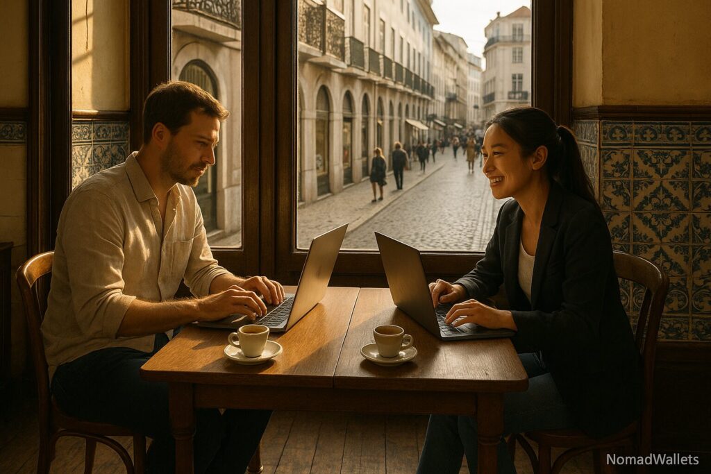 Photorealistic Lisbon café with two detailed digital nomads, laptops and espresso, azulejo tiles, Rua Garrett outside, and NomadWallets in corner.