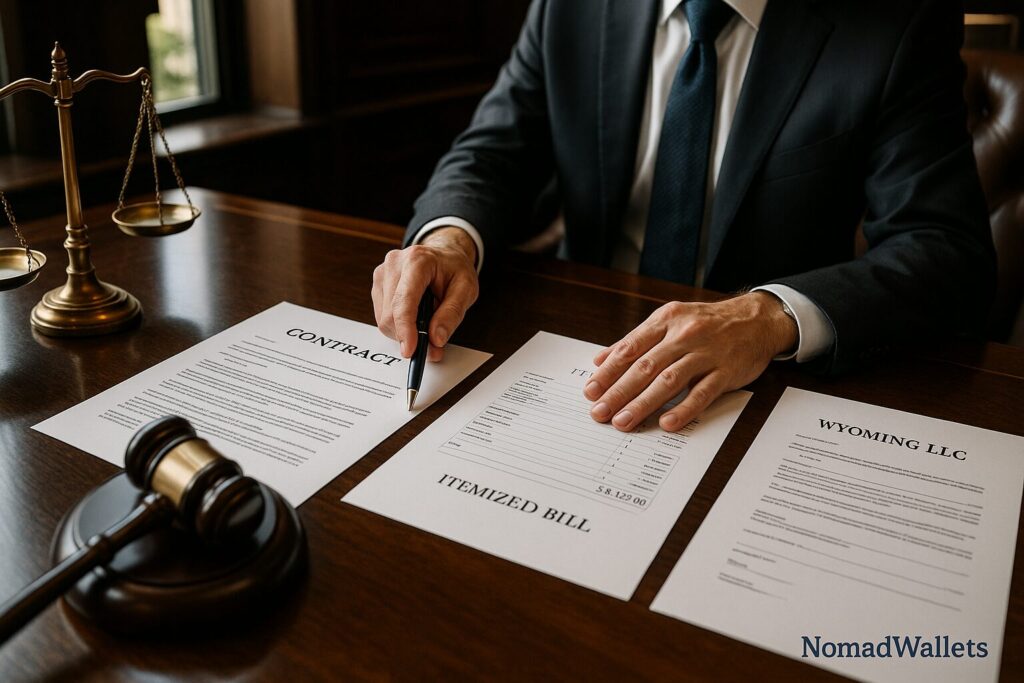 Expensive attorney office meeting with legal bills totaling $8,000 for fixing digital nomad LLC setup mistakes