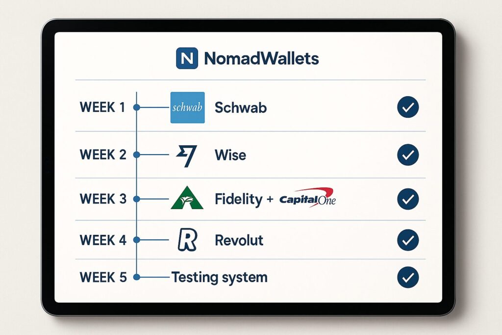Best Bank Account for Digital Nomads 2025 13 Realistic step-by-step timeline showing 5-week nomad banking setup with bank logos, NomadWallets branding.