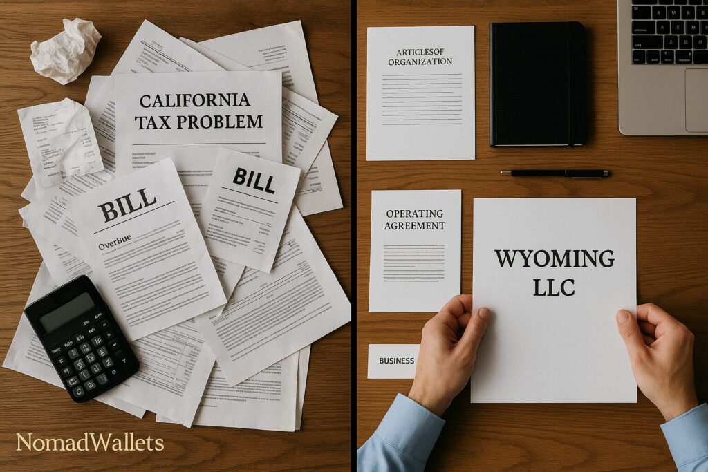 Side-by-side comparison showing messy California LLC problems versus organized Wyoming digital nomad LLC setup done correctly
