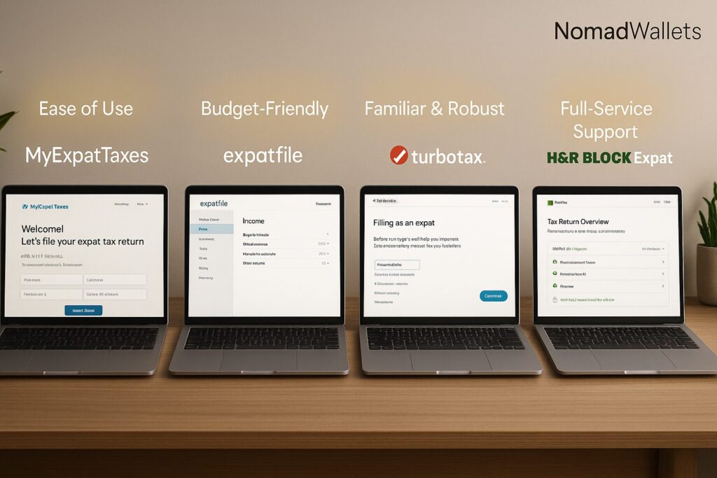 Comparison of top expat tax software — MyExpatTaxes, expatfile, TurboTax, and H&R Block Expat — each shown on a laptop with highlights of where they shine, in a realistic digital nomad workspace. NomadWallets logo in the top right corner.