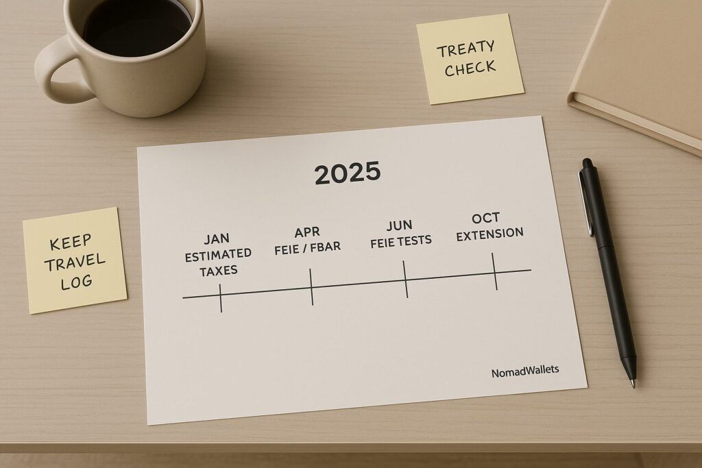 2025 tax calendar for US digital nomads with FEIE, FBAR, and extension dates.