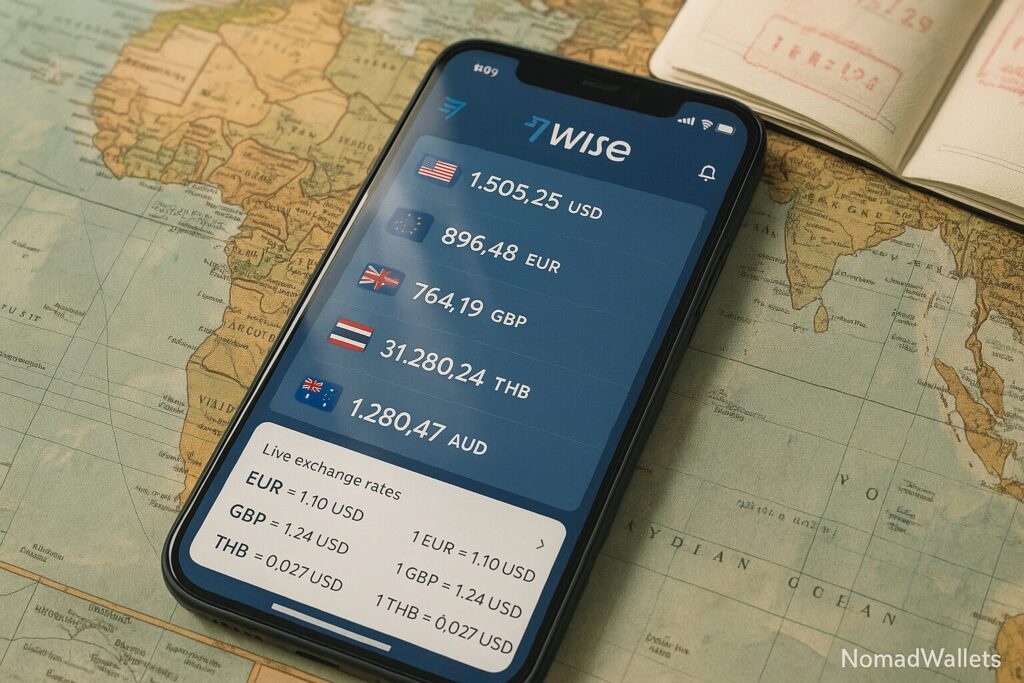 Best Bank Account for Digital Nomads 2025 8 Wise app on phone showing multi-currency balances and exchange rates, NomadWallets branding.