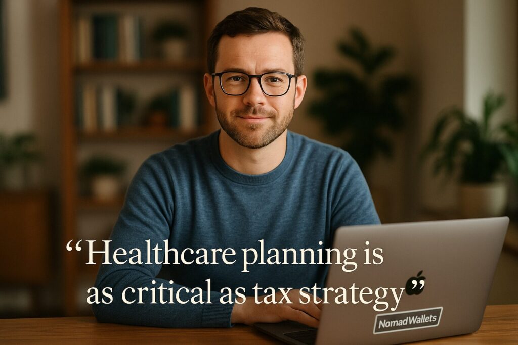 Author professional headshot in cozy home office, laptop with NomadWallets sticker, healthcare planning quote overlay