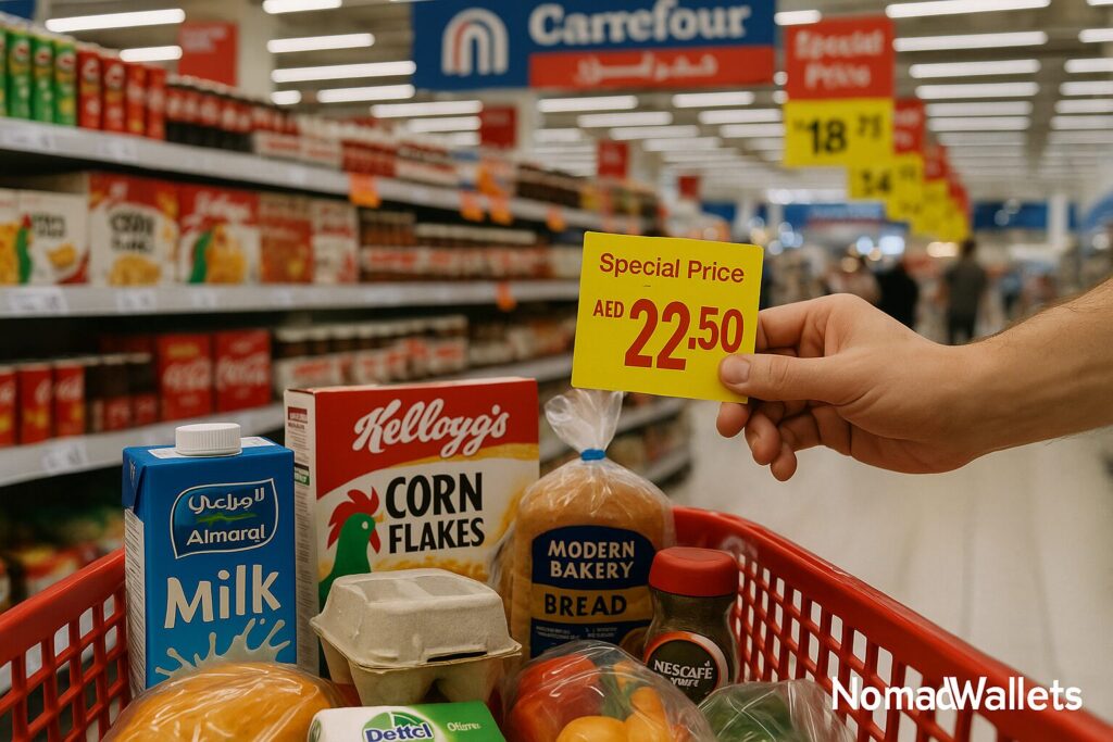 Dubai Virtual Work Visa: Complete Guide for Digital Nomads (2025) 7 Shopping cart at Carrefour Dubai filled with groceries showing expensive milk prices and high cost of living
