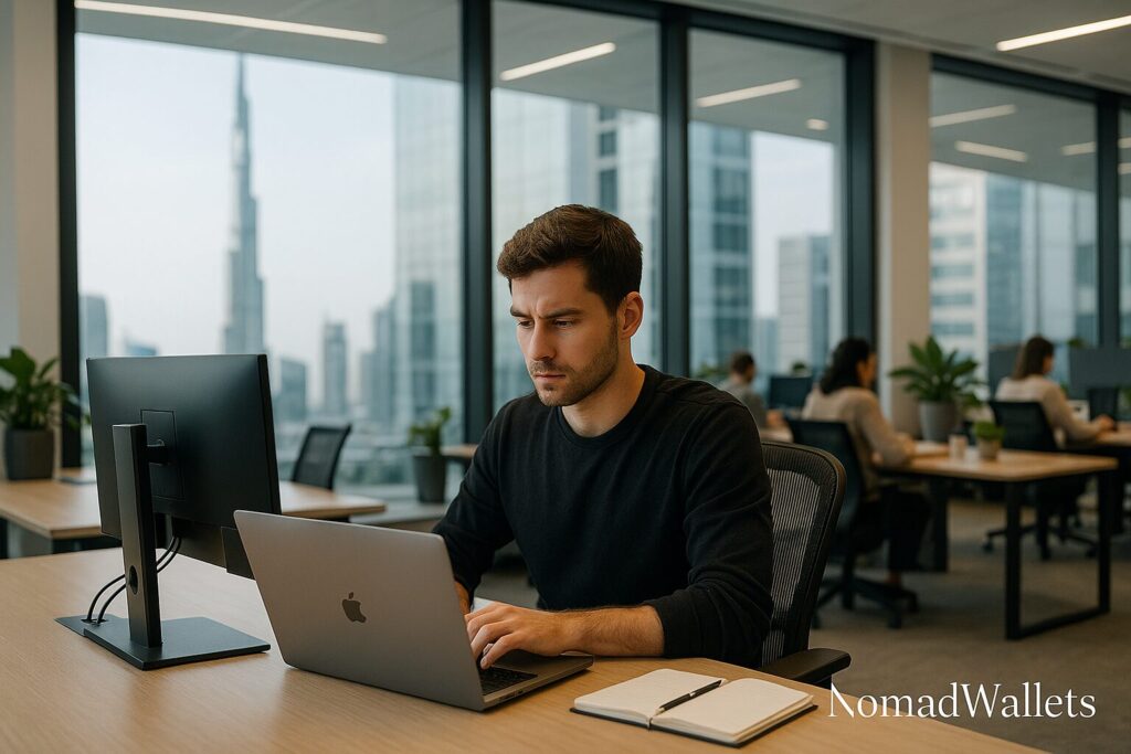 Dubai Virtual Work Visa: Complete Guide for Digital Nomads (2025) 8 Remote worker at Dubai DIFC coworking space with laptop and iconic Burj Khalifa visible through floor-to-ceiling windows