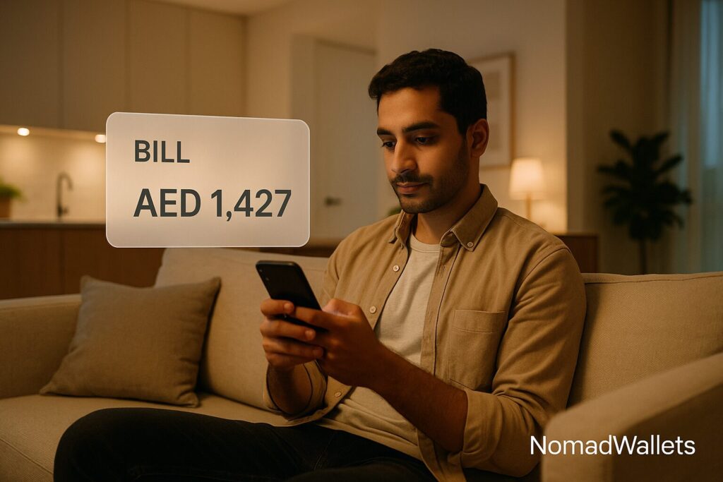 Dubai Virtual Work Visa: Complete Guide for Digital Nomads (2025) 6 Digital nomad reviewing expensive AED 1,427 DEWA electricity bill on phone showing Dubai summer utility costs