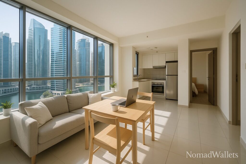 Dubai Virtual Work Visa: Complete Guide for Digital Nomads (2025) 4 Modern one-bedroom apartment interior in Dubai JLT with floor-to-ceiling windows and city skyline views for digital nomads
