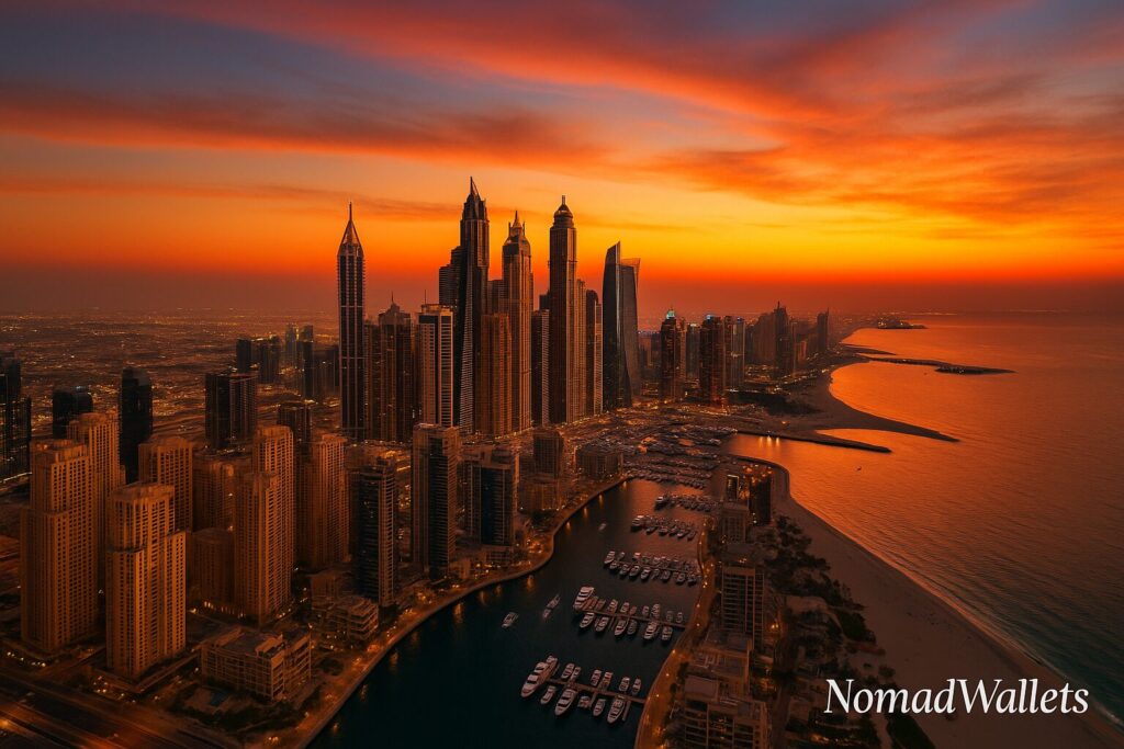 Dubai Virtual Work Visa: Complete Guide for Digital Nomads (2025) 9 Aerial sunset view of Dubai Marina and JBR Beach skyline showing golden hour lighting and modern architecture for digital nomads