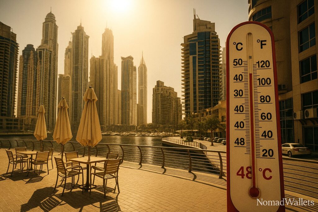 Dubai Virtual Work Visa: Complete Guide for Digital Nomads (2025) 5 Dubai Marina during extreme 48 degree Celsius summer heat showing empty outdoor areas and visible heat waves