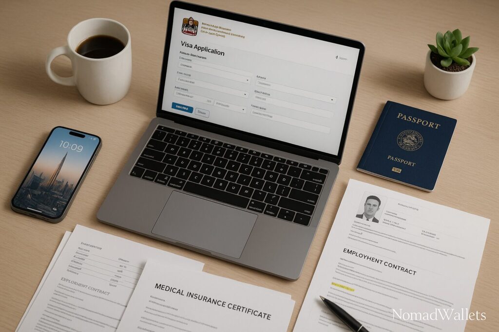 Dubai Virtual Work Visa: Complete Guide for Digital Nomads (2025) 2 Dubai virtual work visa application setup with laptop showing UAE government portal, passport and required documents on desk