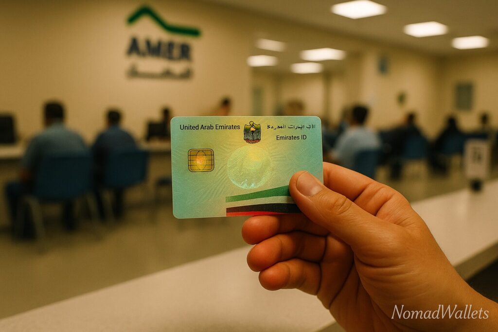 Dubai Virtual Work Visa: Complete Guide for Digital Nomads (2025) 3 Hand holding newly issued Emirates ID card at Dubai AMER center after virtual work visa approval