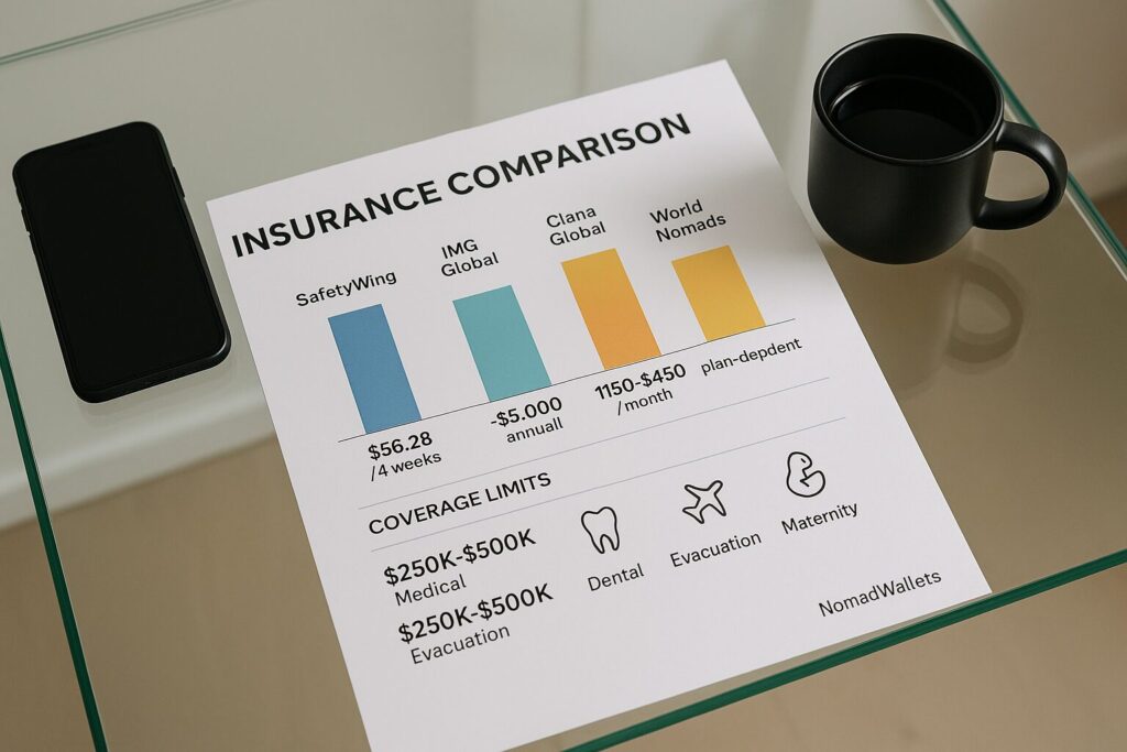 Overhead chart comparing SafetyWing, IMG Global, Cigna, World Nomads insurance plans with pricing and coverage icons, NomadWallets branding