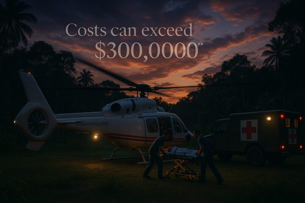 Medical evacuation helicopter landing at jungle clearing, paramedics with stretcher, $300K cost overlay, NomadWallets watermark