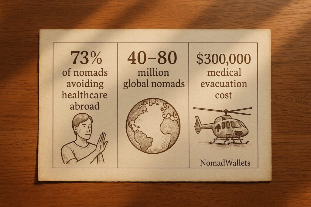 Infographic showing 73% nomads avoiding care, 40-80M nomads worldwide, $300K evacuation cost, NomadWallets logo