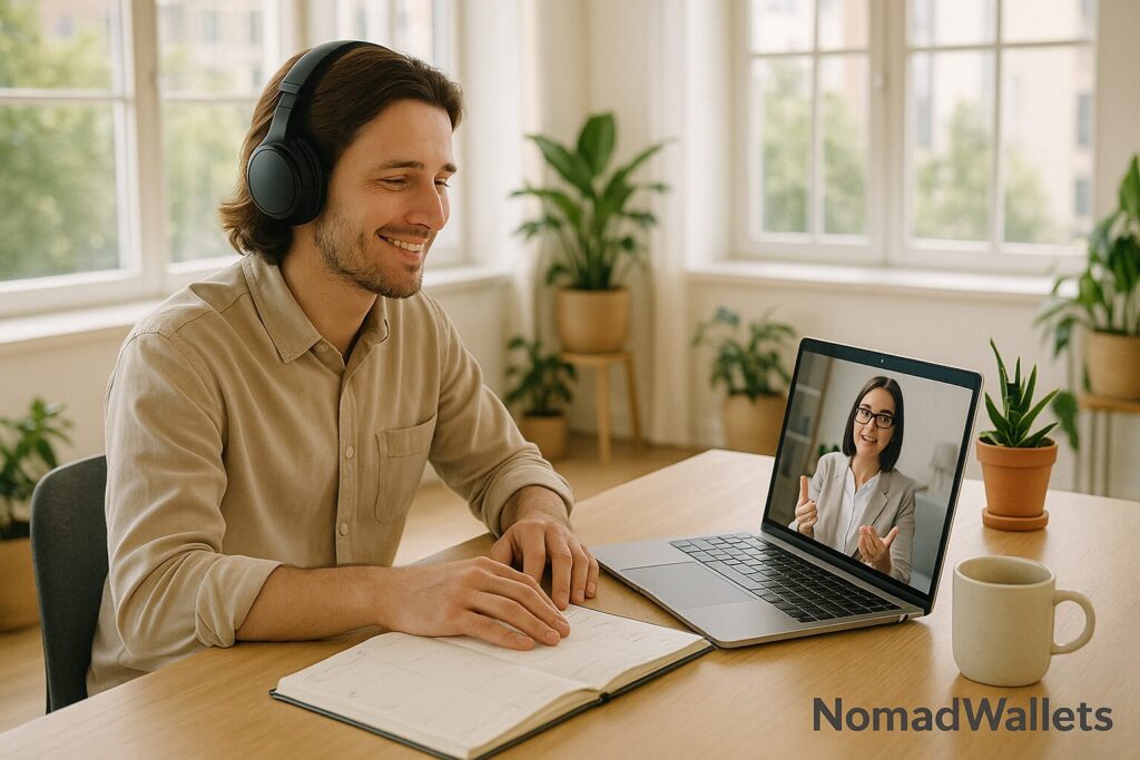Digital nomad video therapy call in cozy coworking space with plants, NomadWallets watermark on laptop