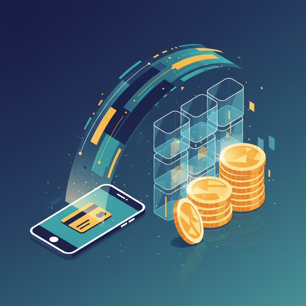 US Digital Nomad Hub: Your Complete Resource Guide 1 Catchy isometric banking scene with credit cards, phone, and animated money transfer arc showing modern cross-border finance.