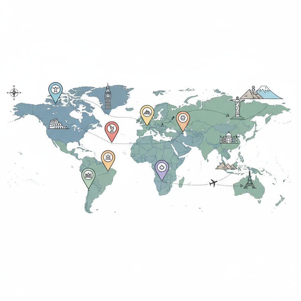 US Digital Nomad Hub: Your Complete Resource Guide 5 Modern vector illustration of digital nomad travel destinations with backpack, airplane, suitcase, tropical beaches, and city skylines in vibrant colors