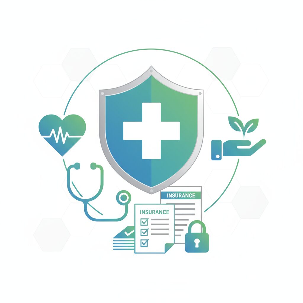 US Digital Nomad Hub: Your Complete Resource Guide 4 Professional vector illustration featuring medical cross, shield, stethoscope, and insurance documents for digital nomad insurance and healthcare hub page