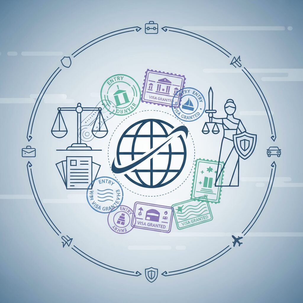 US Digital Nomad Hub: Your Complete Resource Guide 7 Professional vector illustration featuring passport stamps, visa documents, legal scales, and globe icons for digital nomad visa and legal hub page