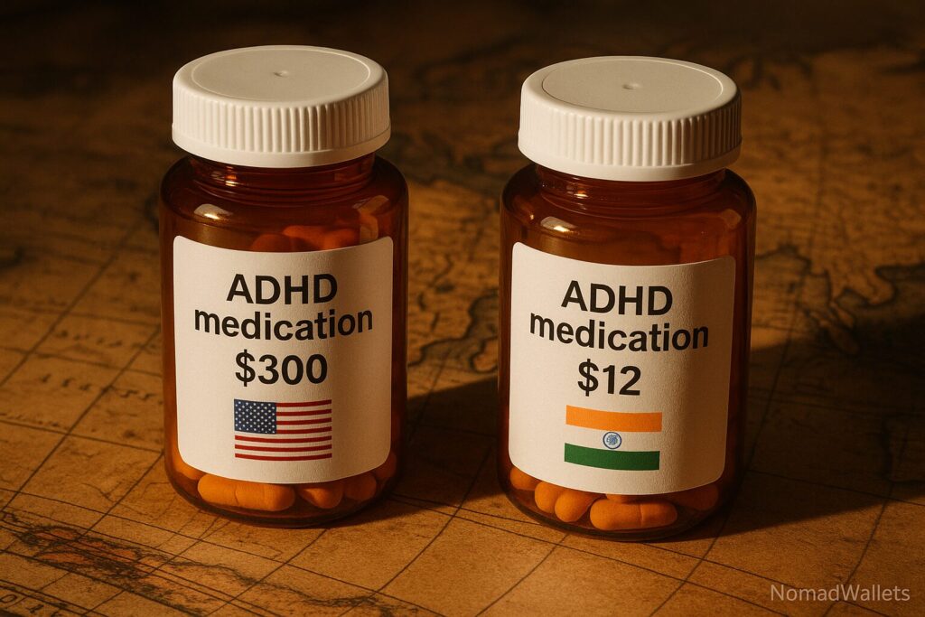 Side by side ADHD medication bottles showing $300 US vs $12 India prices, vintage travel map, NomadWallets logo