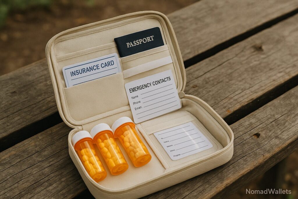 Open travel medical kit with prescriptions, insurance card, emergency contacts, visible passport, NomadWallets logo on zipper