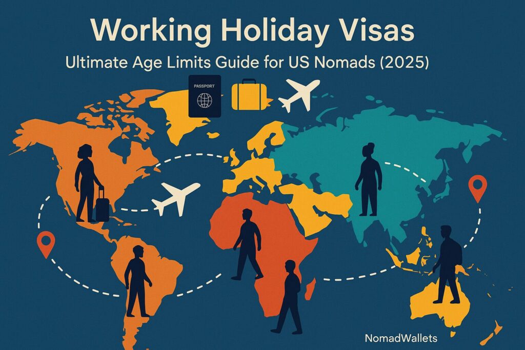 Working Holiday Visas: Ultimate Age Limits Guide for US Nomads (2025) 1 Working Holiday Visas modern world map, bold routes and traveler icons, for working holiday visas guide.