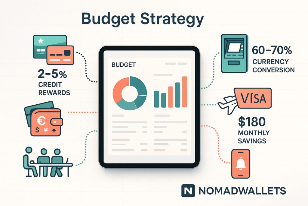 7 Best Digital Nomad Budget Tracking Apps for Multi-Currency Management (2025) 5 Advanced digital nomad budget management strategies showing currency conversion timing, credit card rewards optimization, and expense categorization system