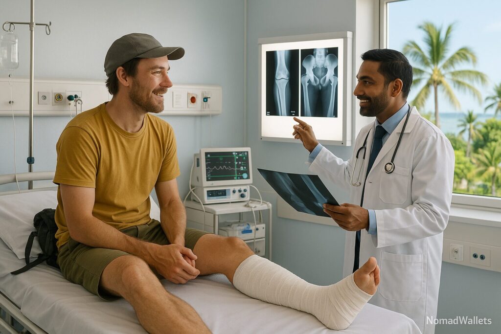 Adventure Sports Travel Insurance: Complete Coverage Guide for Active Nomads (2025) 7 Injured adventure traveler receiving medical treatment abroad covered by travel insurance