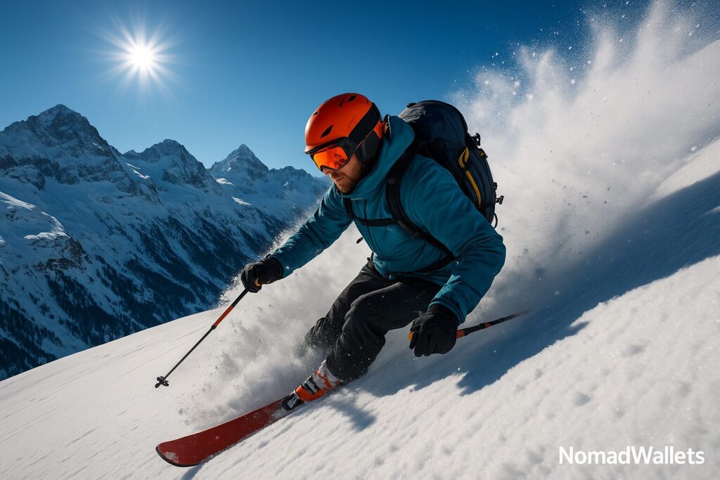 Adventure Sports Travel Insurance: Complete Coverage Guide for Active Nomads (2025) 4 Backcountry skier on off-piste slope showing high-risk adventure sports requiring specialized insurance