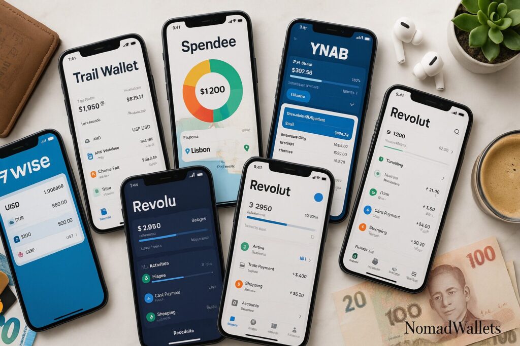 7 Best Digital Nomad Budget Tracking Apps for Multi-Currency Management (2025) 2 Comparison of 7 best digital nomad budget tracking apps including Trail Wallet, Spendee, TravelSpend, YNAB, Wise, and Revolut on smartphone screens